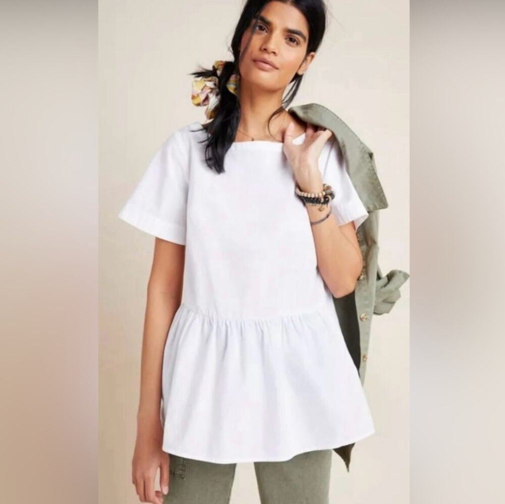 Anthropologie Maeve White Darla Poplin Ruffle Swing Blouse Women's Size XS